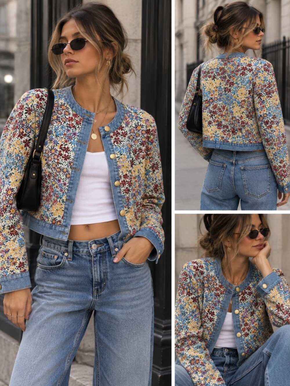 🌸VICI Women’s Painted Petal Floral Denim Fall Jacket W/ Gold Accent Buttons | M